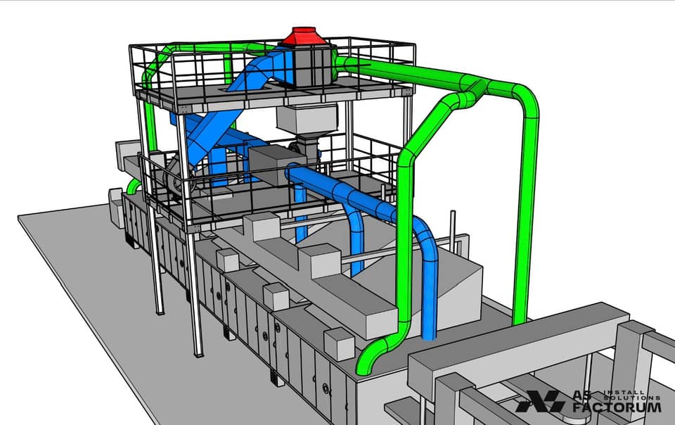 3D model of green and blue ducts, a fan on a railed steel platform and a machine below