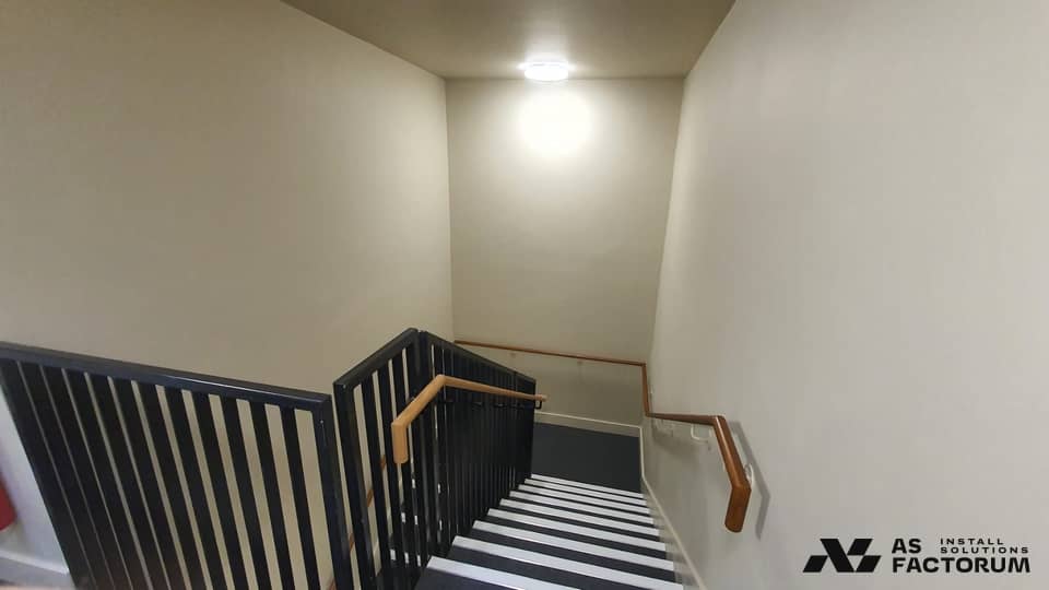 Stair flight with a timber handrail on a black balustrade and white step nosings