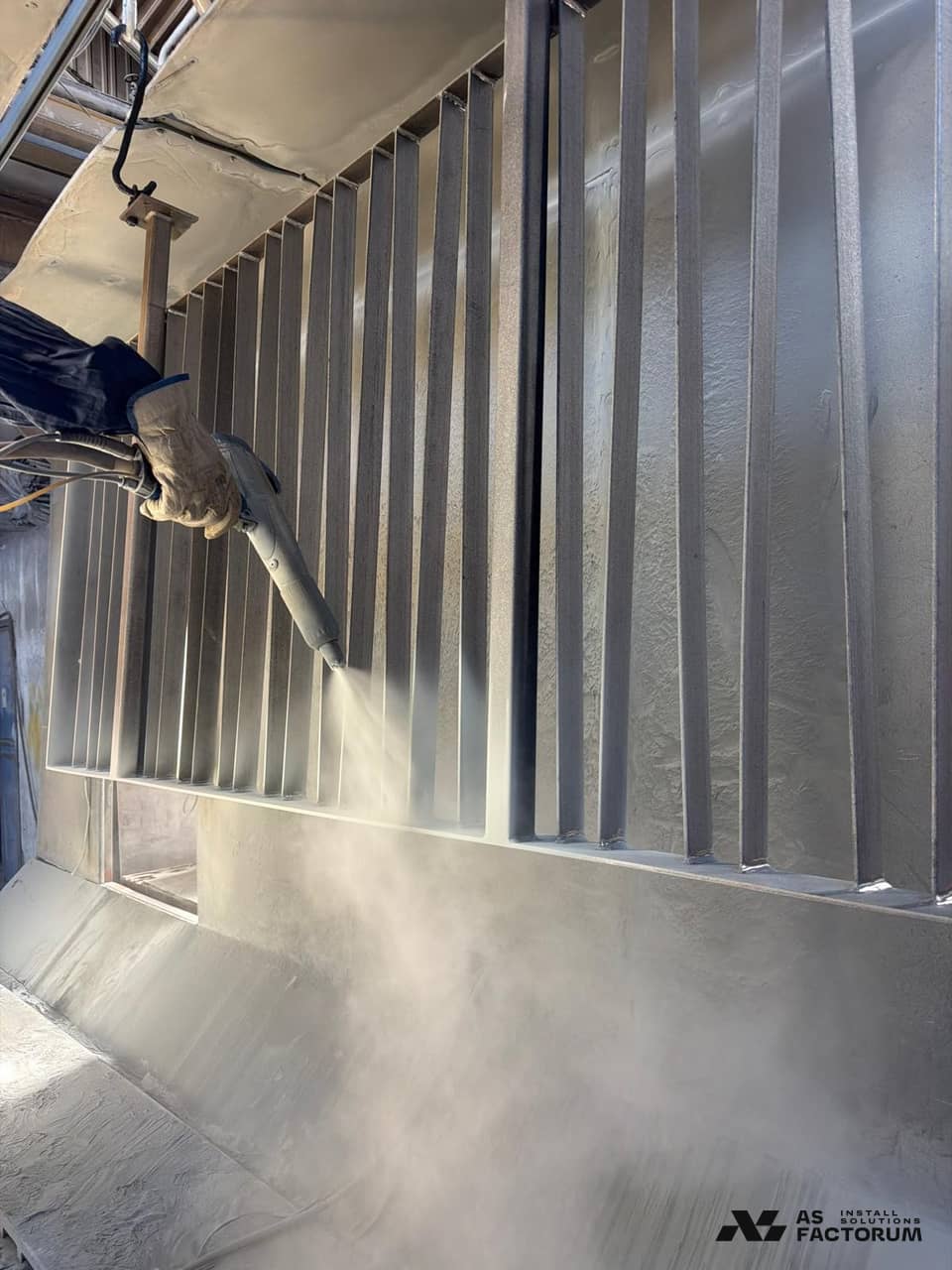 Worker spraying powder coating onto a vertical-bar panel inside a paint booth